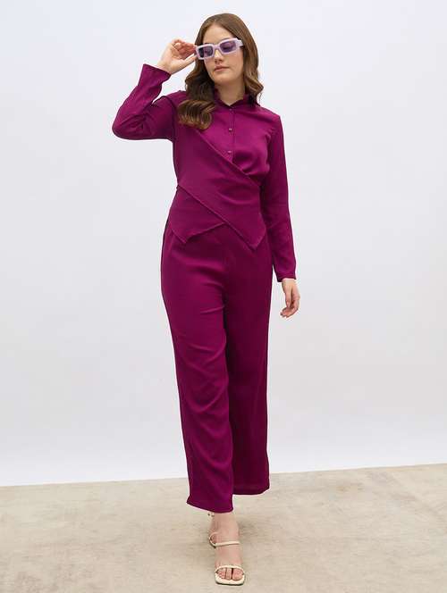 women solid shirt and trouser co-ord set - 21971205 -  Standard Image - 0