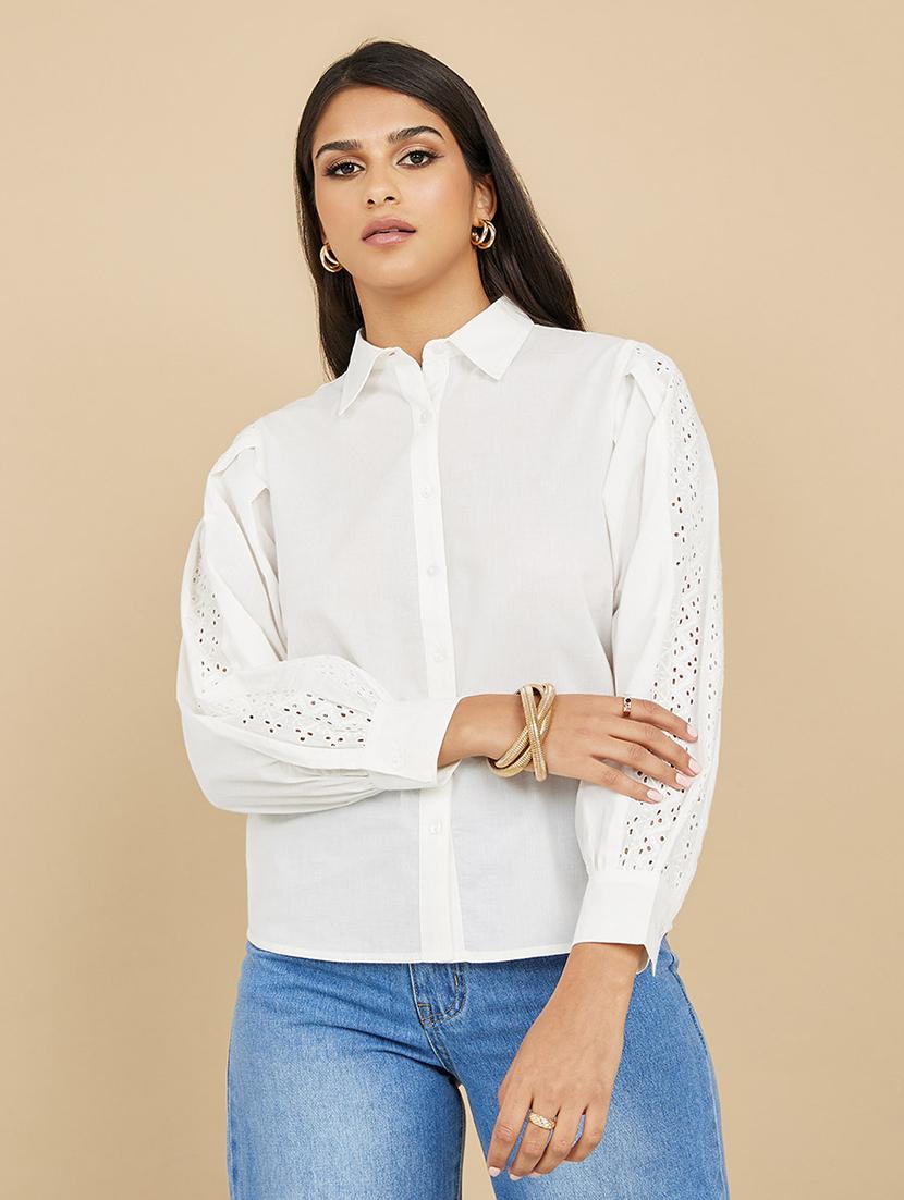 women white solid puff sleeve collared shirt - 21971272 - Zoom Image - 0