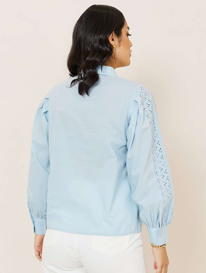 women solid collared puff sleeve schiffli detailed shirt - 21971275 -  Standard Image - 3