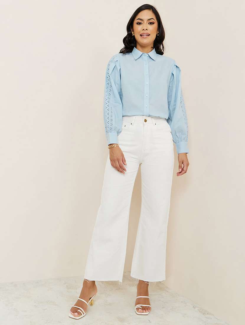 women solid collared puff sleeve schiffli detailed shirt - 21971275 -  Standard Image - 5