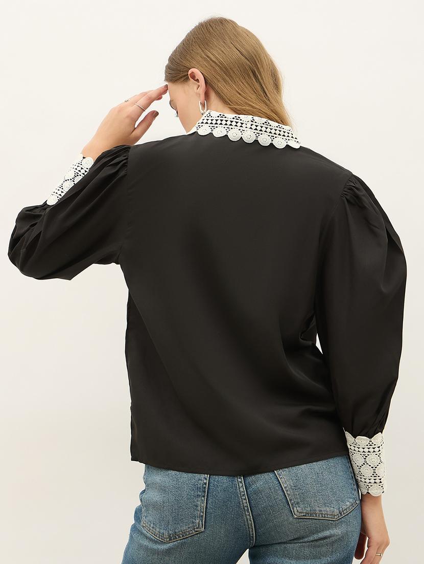 women solid peter pan collar puff sleeve shirt - 21971280 - Standard Image - 3