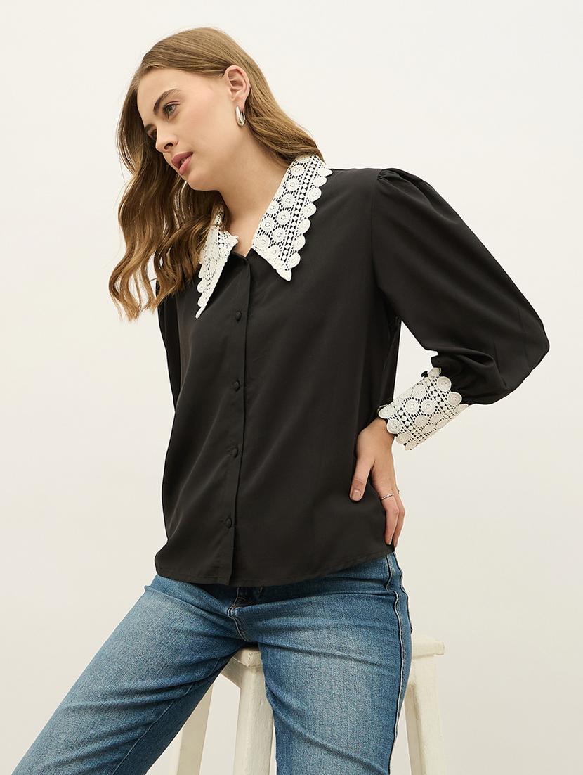 women solid peter pan collar puff sleeve shirt - 21971280 - Standard Image - 5