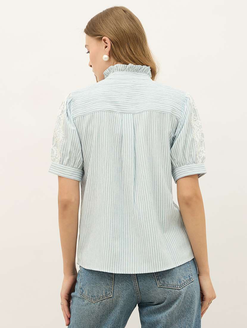 women striped mandarin neck puff sleeve shirt - 21971281 -  Standard Image - 3