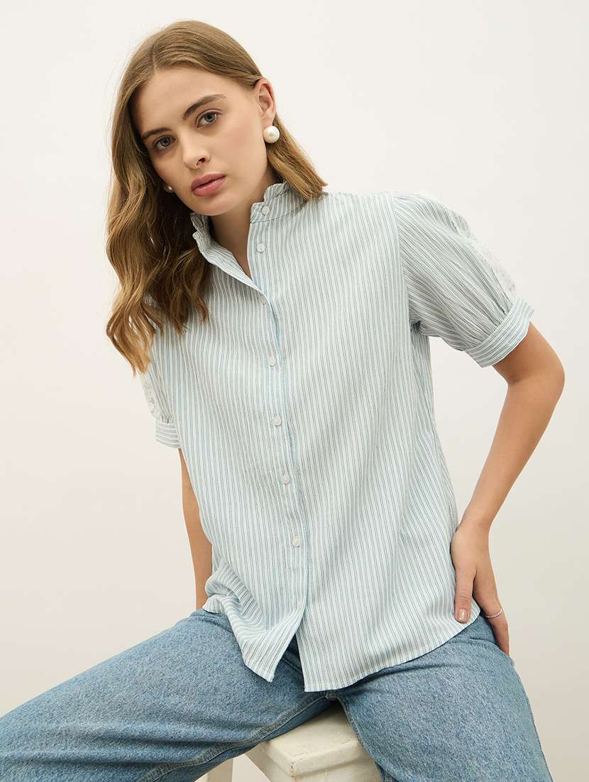 women striped mandarin neck puff sleeve shirt - 21971281 -  Standard Image - 5