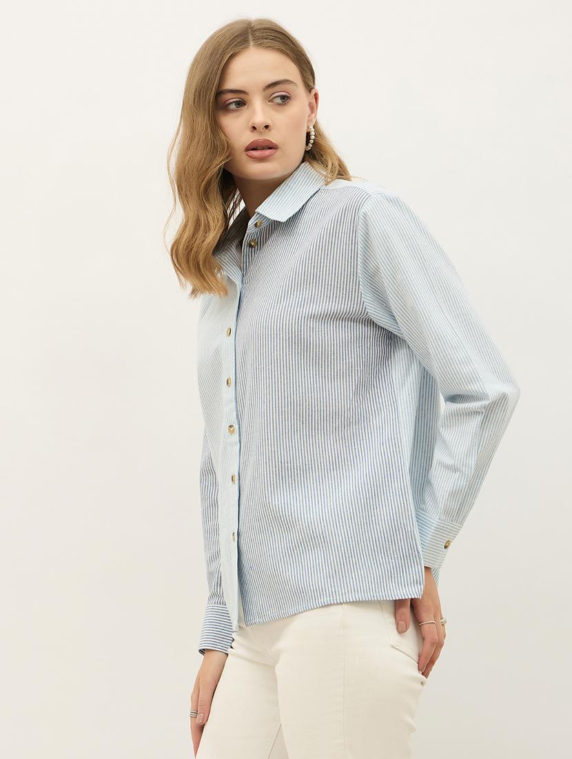 women striped collared long sleeve shirt - 21971282 - Standard Image - 3