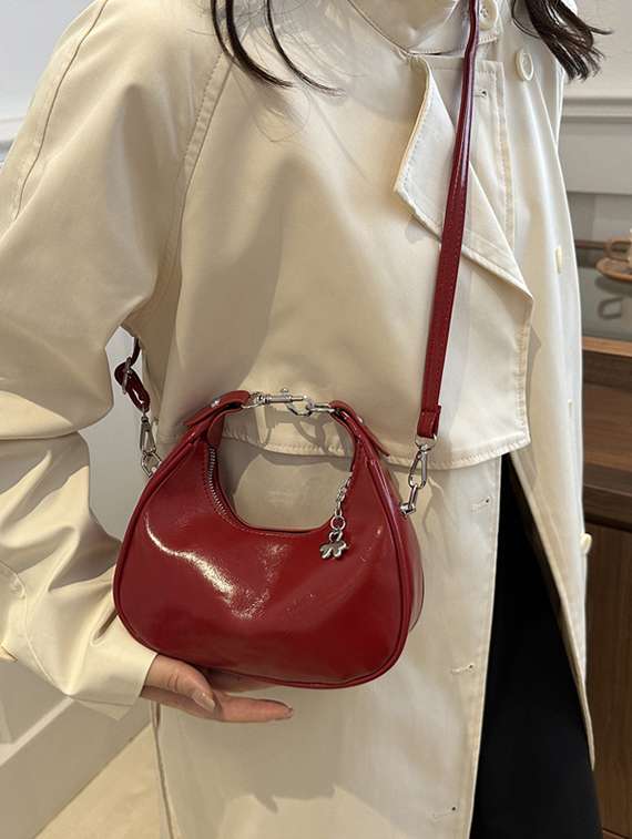Red Lock Detail Shoulder Baguette Handbag