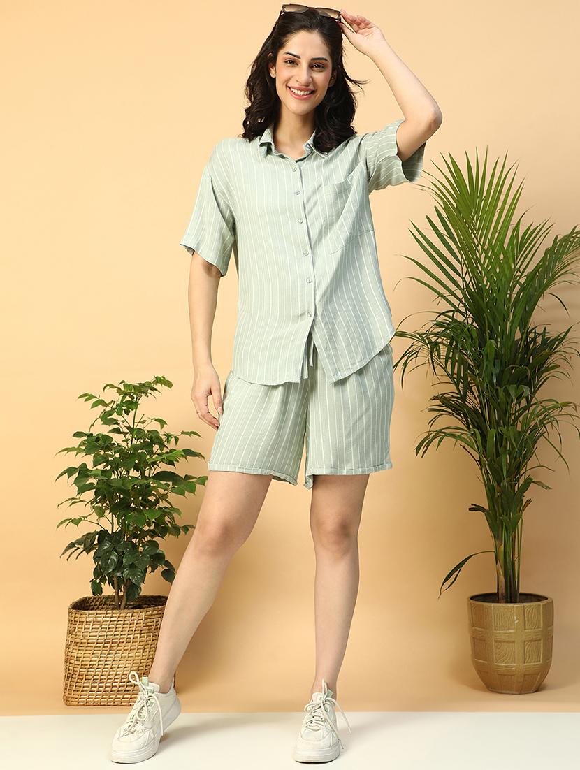 green viscose top and shorts set coord