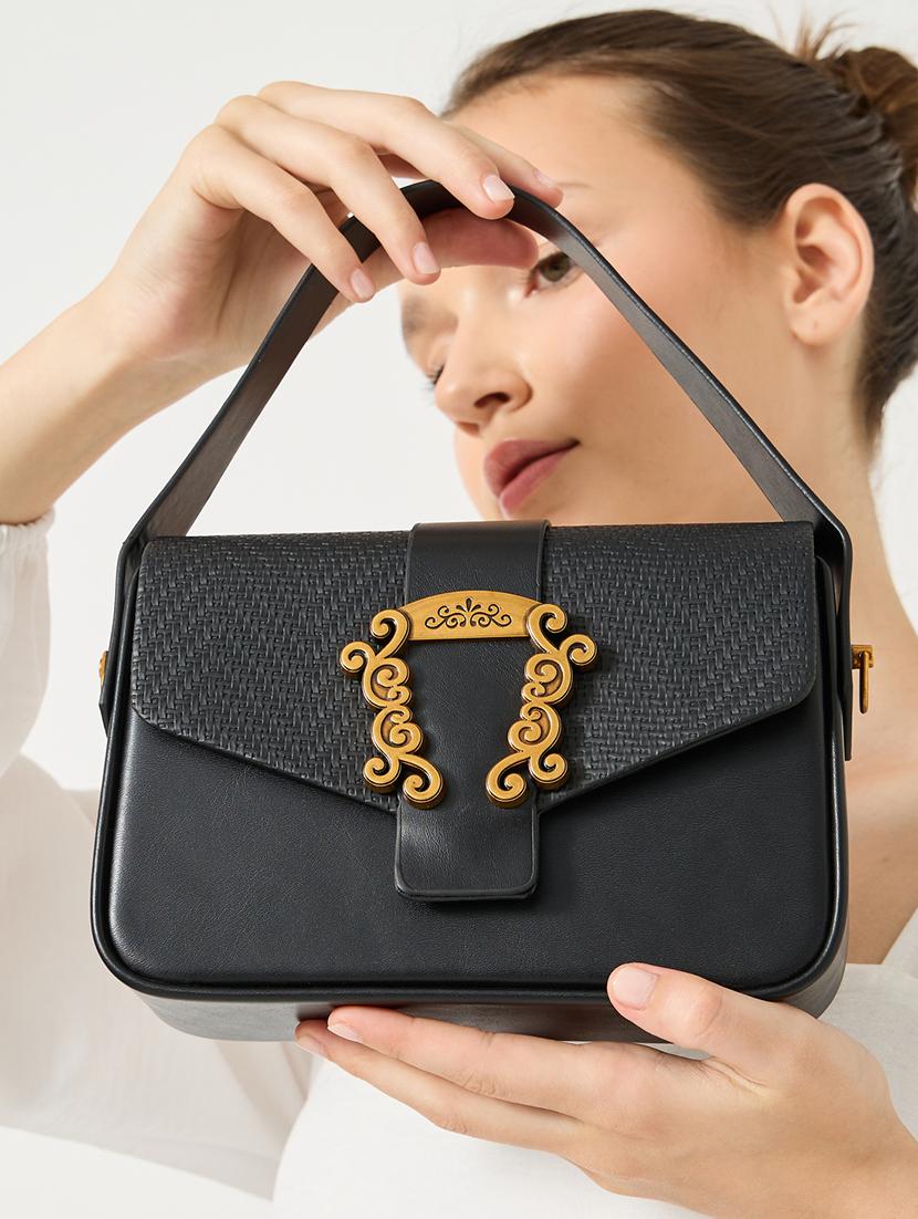 textured black pu handbag with buckle - 21971407 - Standard Image - 3