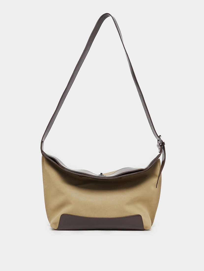 women beige color block hobo bag