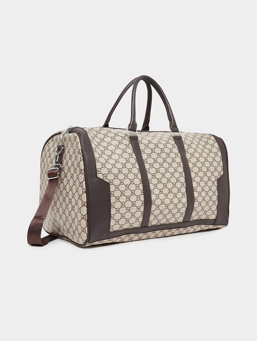printed brown synthetic leather duffle bag