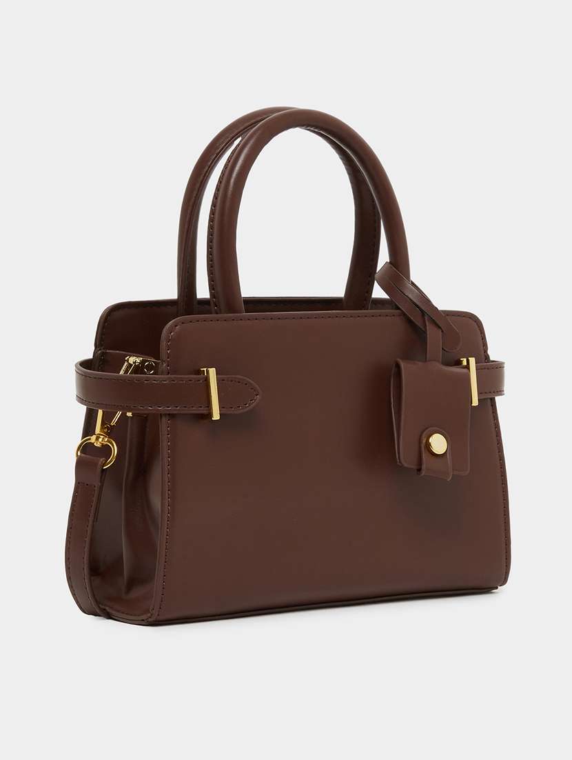 solid brown pu leather handbag - 21971490 - Standard Image - 3