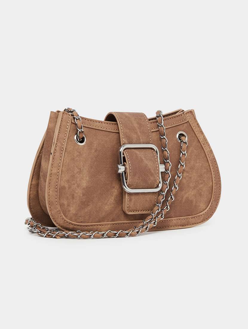 brown solid buckle flap hnadbag