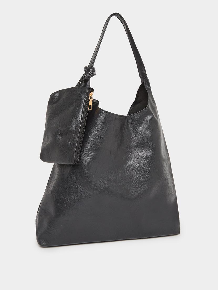 black pu textured shoulder bag with pouch - 21971493 -  Zoom Image - 0