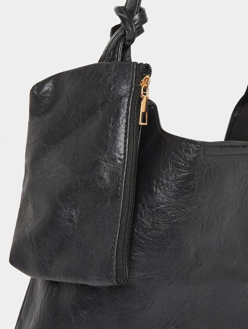 black pu textured shoulder bag with pouch - 21971493 - Standard Image - 5