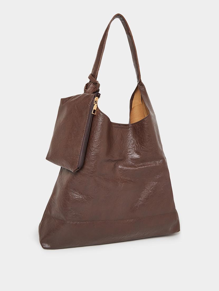brown textured pu shoulder bag with pouch - 21971494 - Standard Image - 3