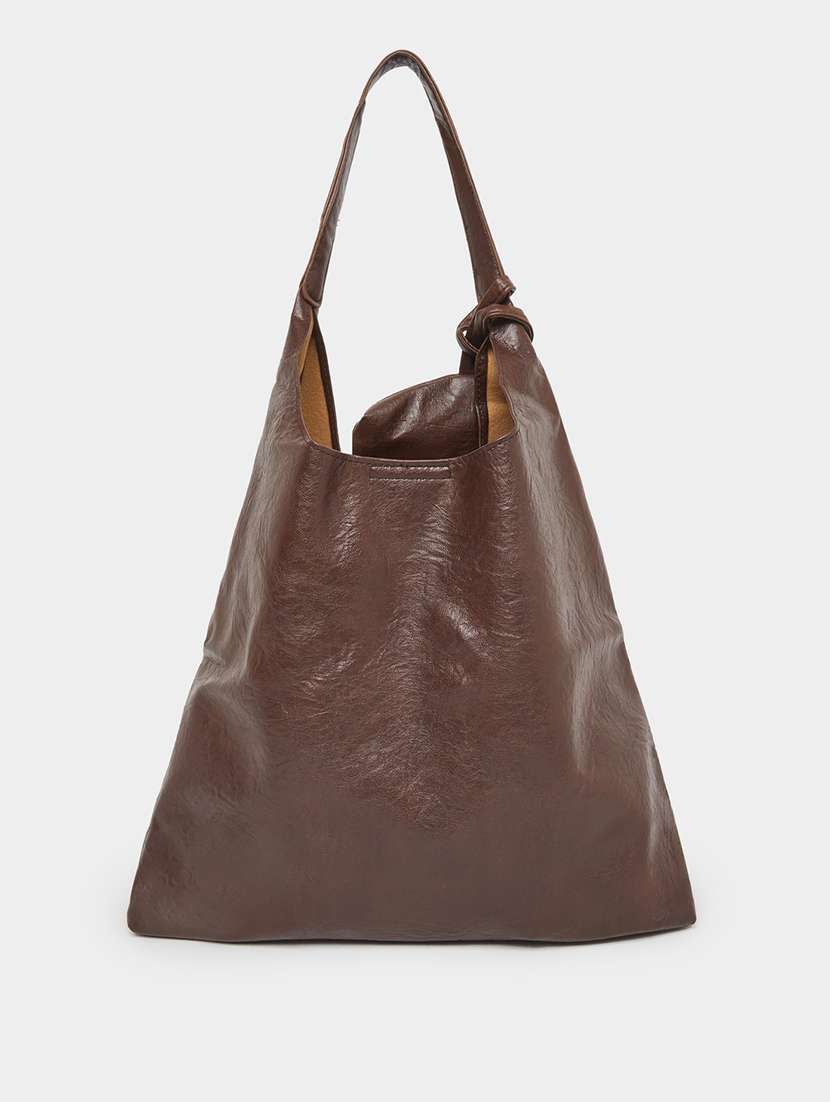 Brown Textured Pu Shoulder Bag With Pouch