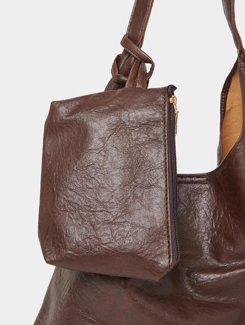 brown textured pu shoulder bag with pouch - 21971494 - Standard Image - 5