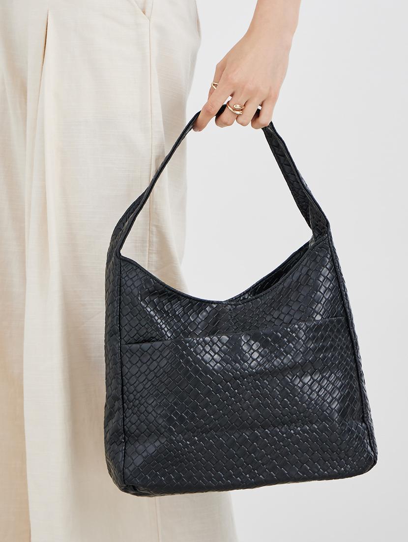 black textured shoulder bag with pockets - 21971495 - Standard Image - 3
