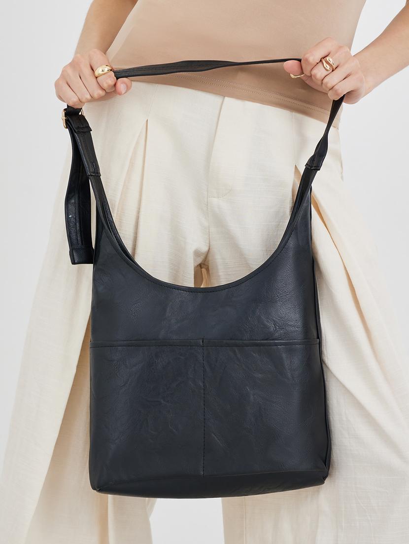 textured black pu leather shoulder bag - 21971498 - Standard Image - 3