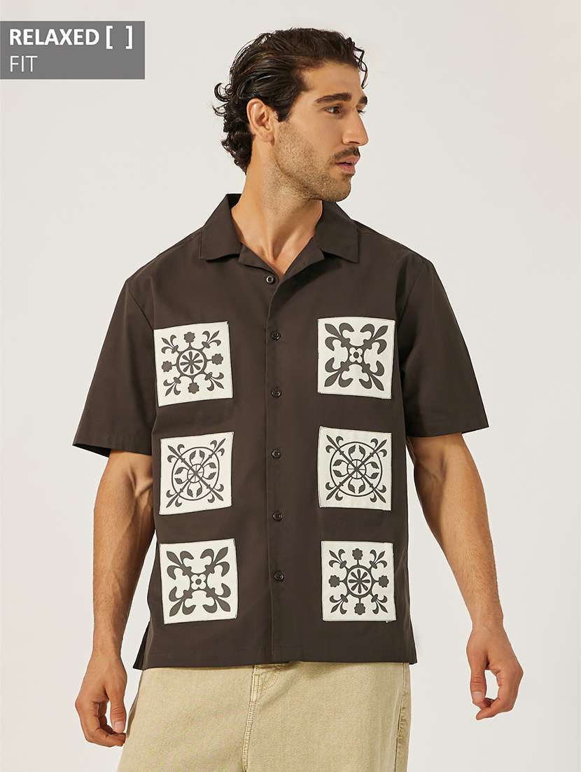 men patch work short sleeve loose fit casual shirt