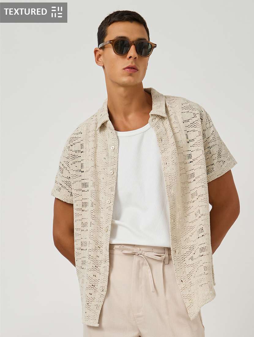 men self design short sleeve regular fit casual shirt