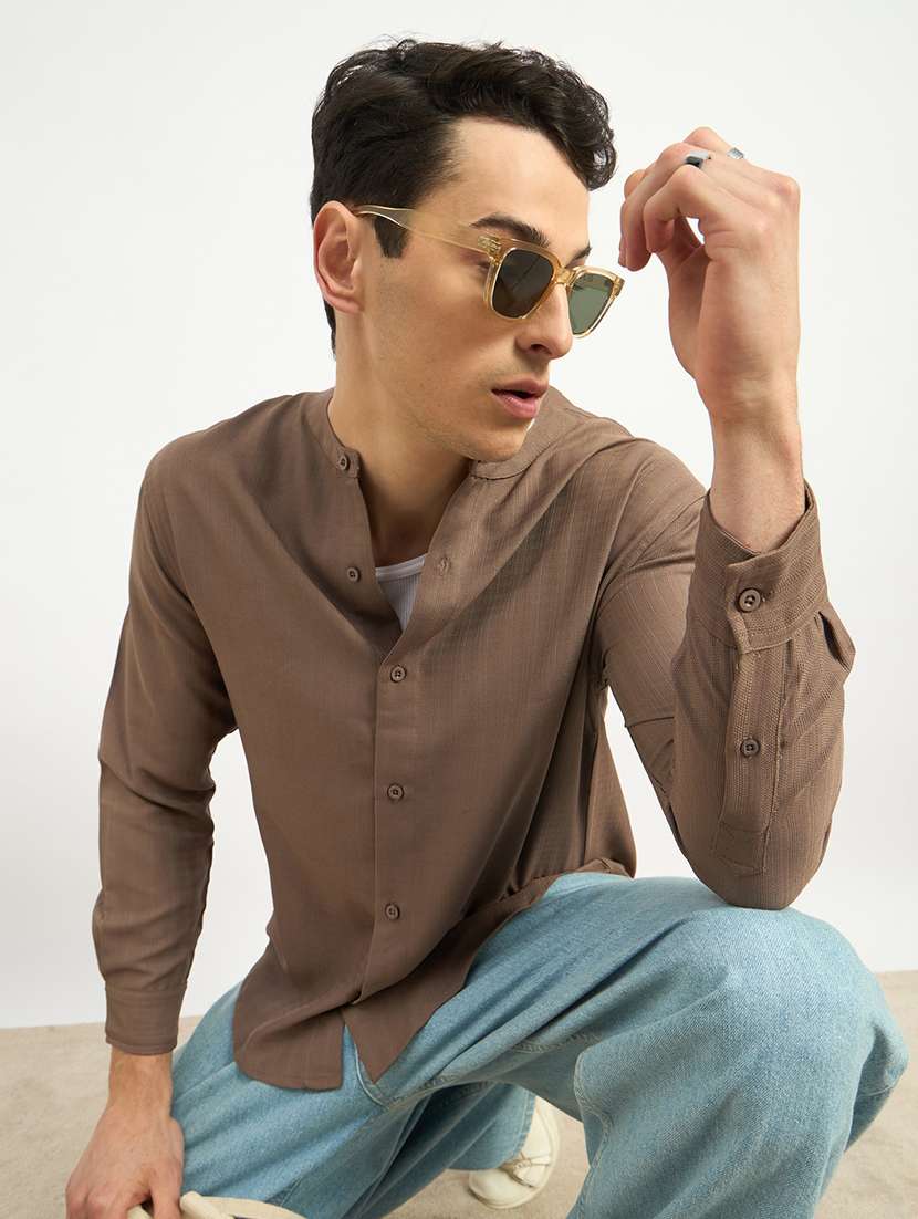 men self design long sleeve loose fit casual shirt