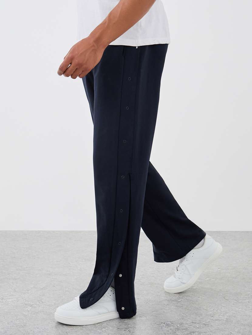 men navy blue solid relaxed fit full length track pant