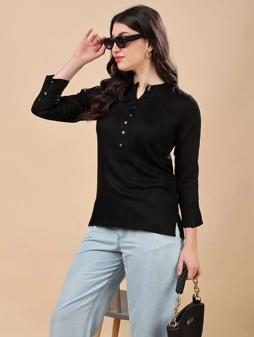 regular fit black cotton blend notch neck top - 21971802 -  Standard Image - 0