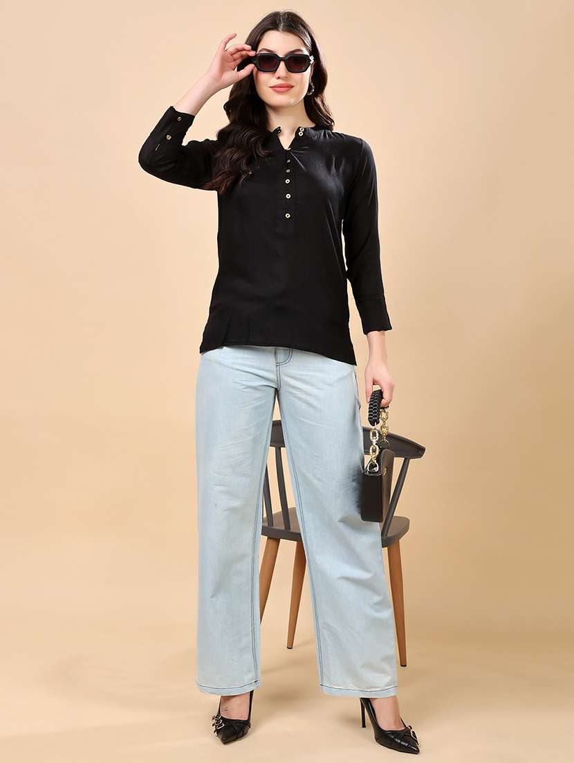 regular fit black cotton blend notch neck top - 21971802 - Standard Image - 3