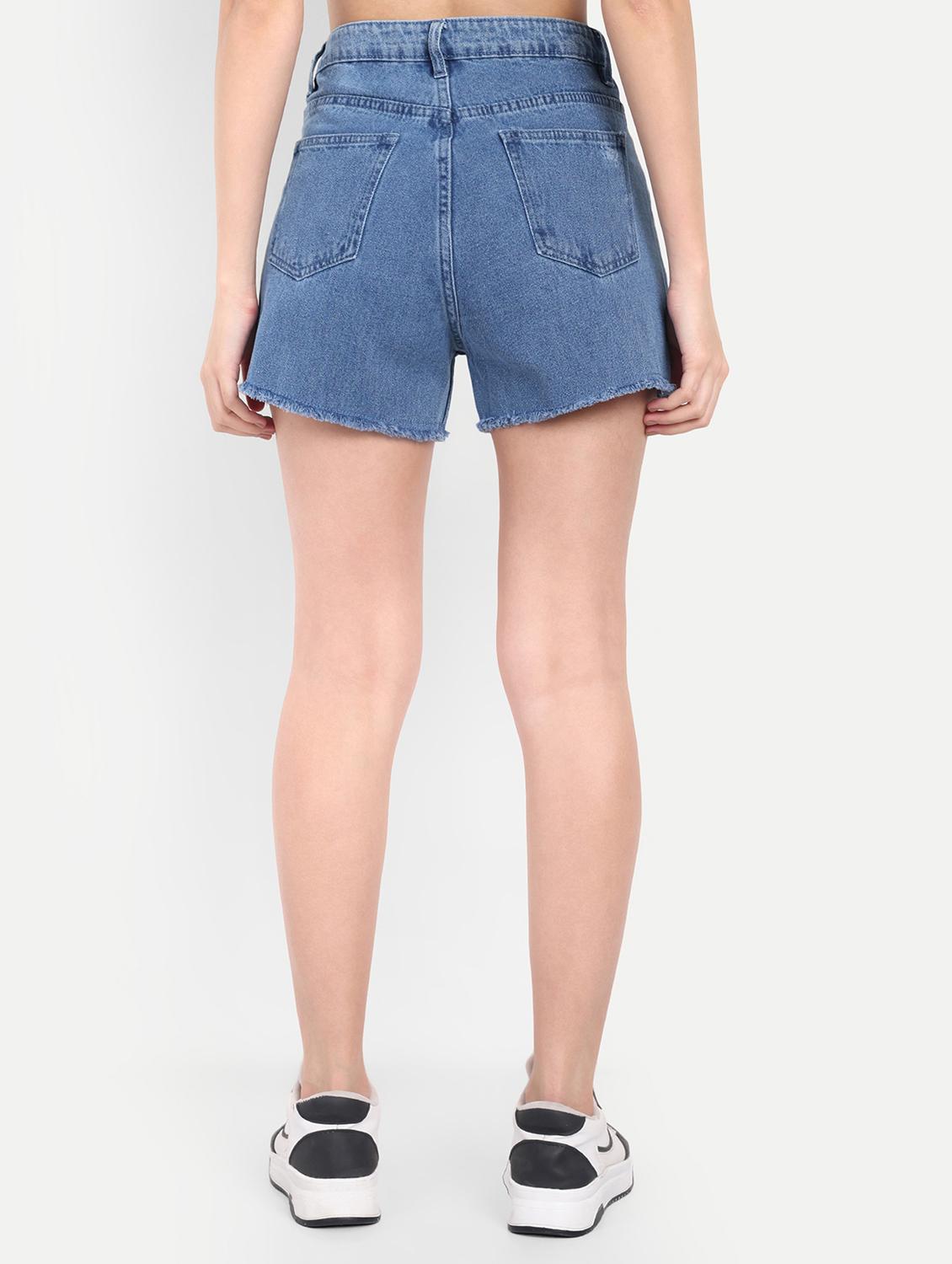 women solid high rise distressed denim shorts - 21971844 - Standard Image - 3