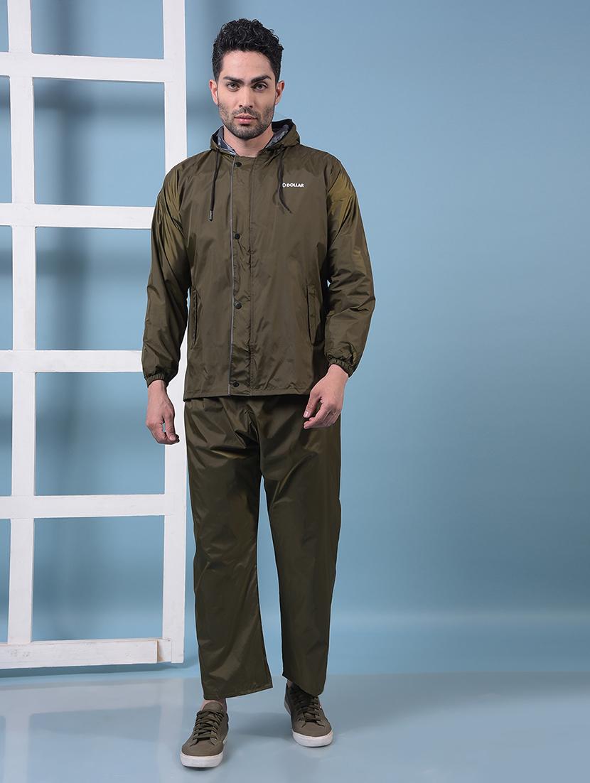 men solid long sleeve reversible rain suit set 