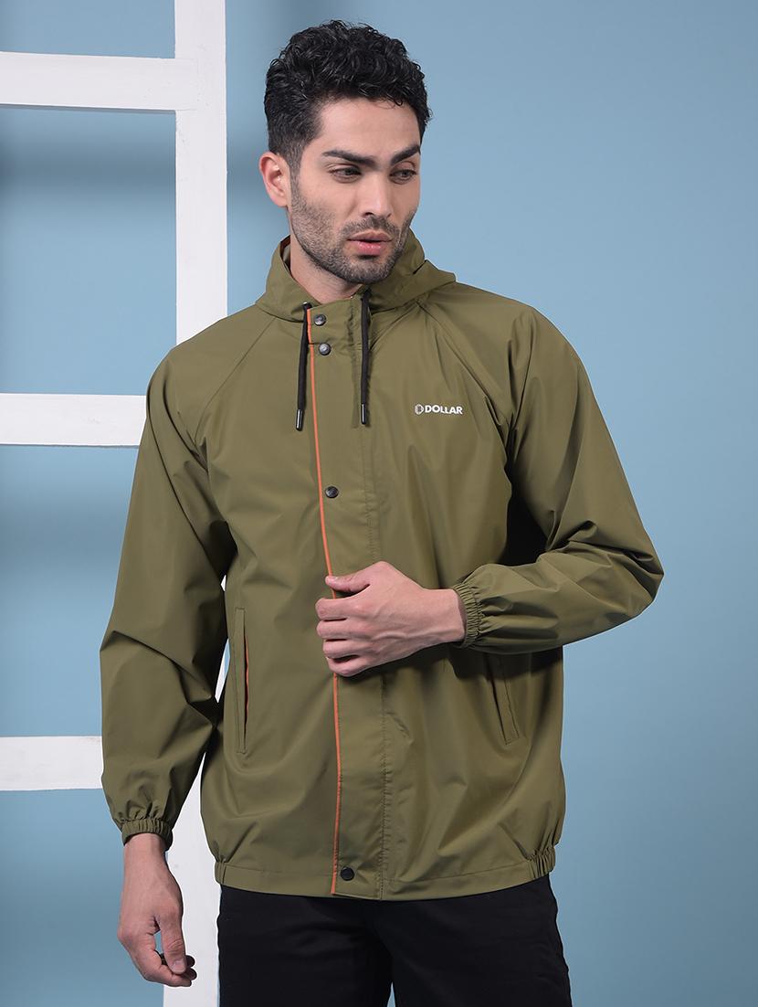 men solid hooded long sleeve rain jacket 