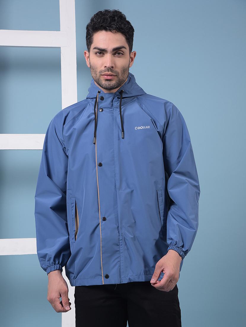 men solid hooded long sleeve rain jacket 