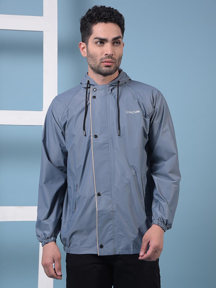 men solid hooded long sleeve rain jacket 