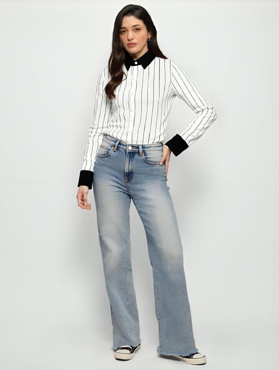 women striped collared long sleeve regular shirt - 21972210 - Standard Image - 3