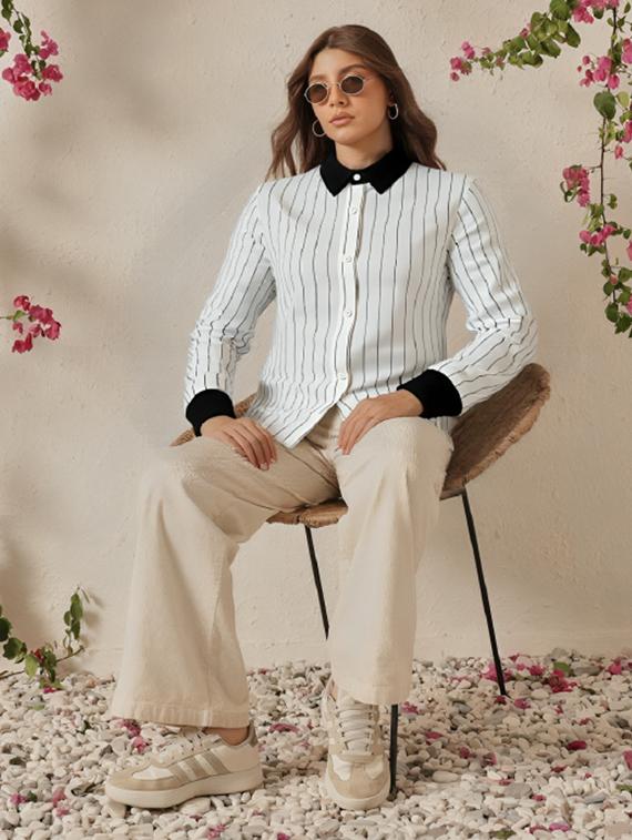 women striped collared long sleeve regular shirt - 21972211 - Standard Image - 3