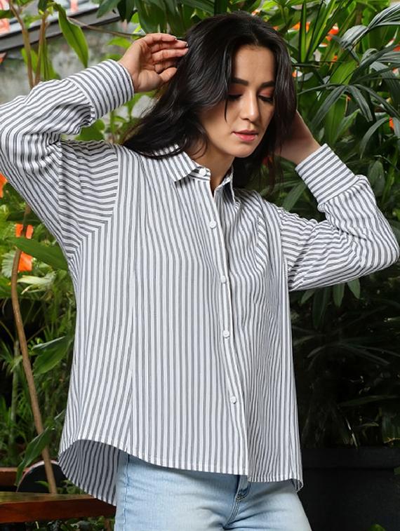 women striped collared long sleeve relaxed shirt - 21972216 - Zoom Image - 0