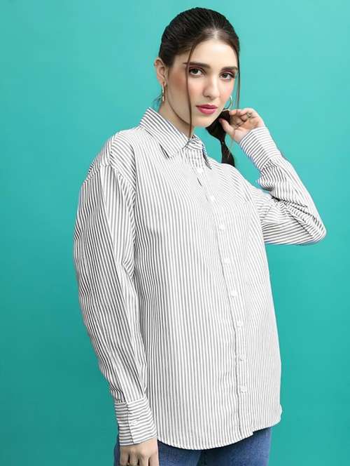 women striped collared long sleeve oversized shirt - 21972217 -  Standard Image - 0