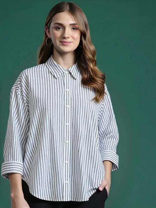 women striped collared long sleeve relaxed shirt - 21972220 -  Standard Image - 0