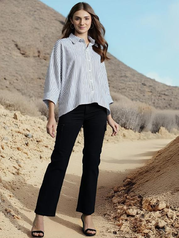 women striped collared long sleeve relaxed shirt - 21972220 - Standard Image - 3