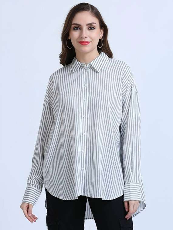 women striped collared long sleeve high low shirt - 21972223 -  Zoom Image - 0