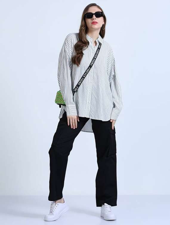 women striped collared long sleeve high low shirt - 21972223 -  Standard Image - 3