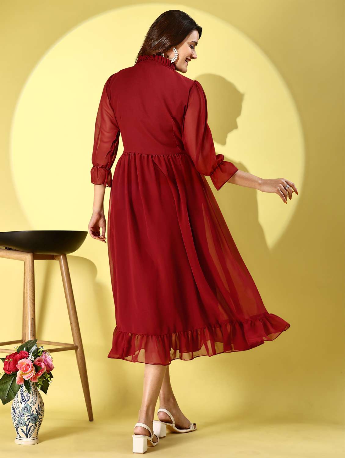 women solid mandarin neck puff sleeve tiered dress - 21972228 -  Standard Image - 3