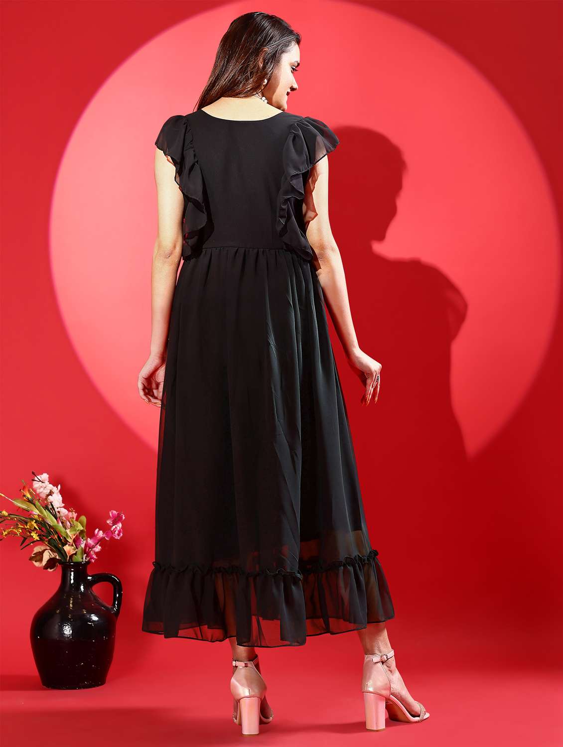 women black solid ruffle sleeve tiered dress - 21972231 -  Standard Image - 3
