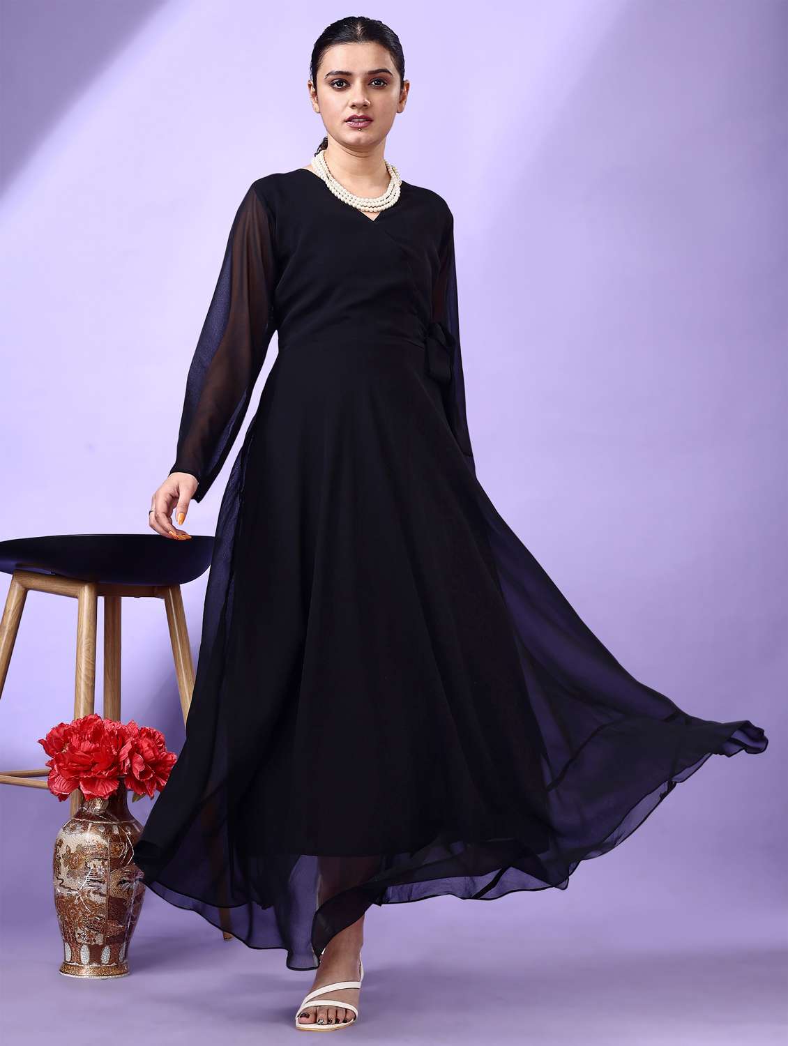 women black solid long sleeve fit & flare maxi dress - 21972234 - Zoom Image - 0