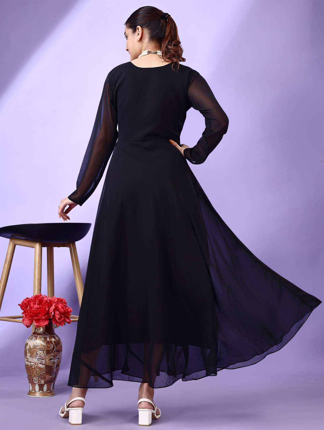 women black solid long sleeve fit & flare maxi dress - 21972234 - Standard Image - 3