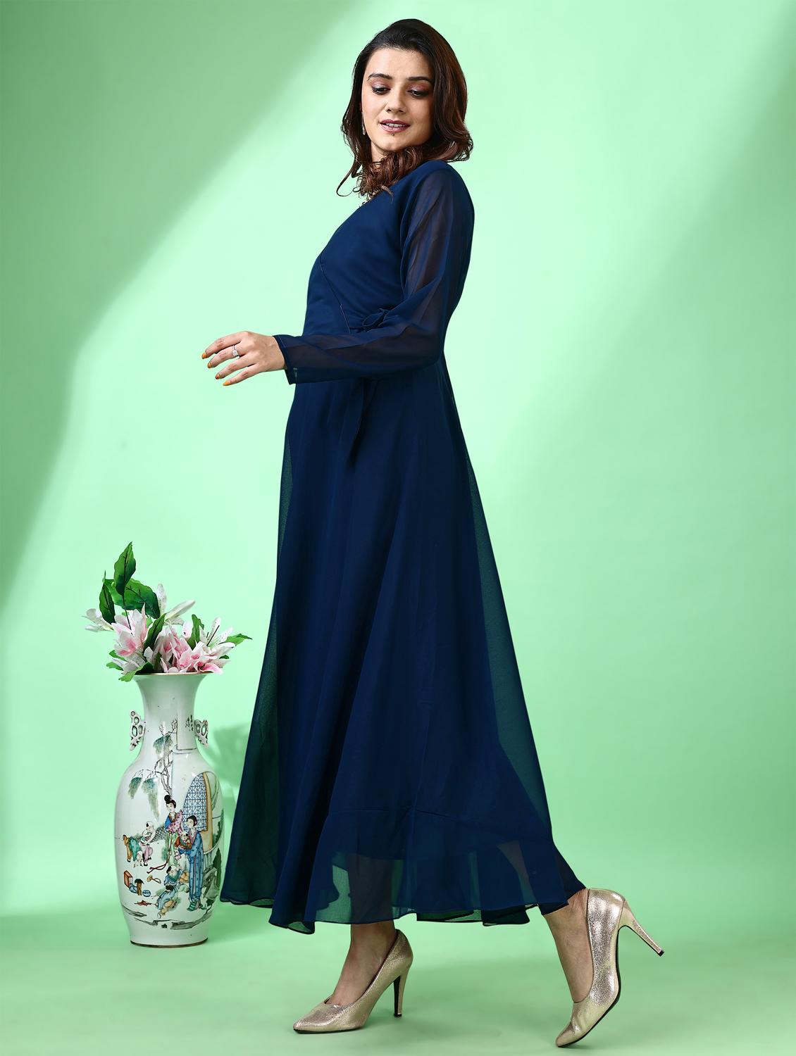 women solid long sleeve fit & flare maxi dress - 21972235 - Standard Image - 3