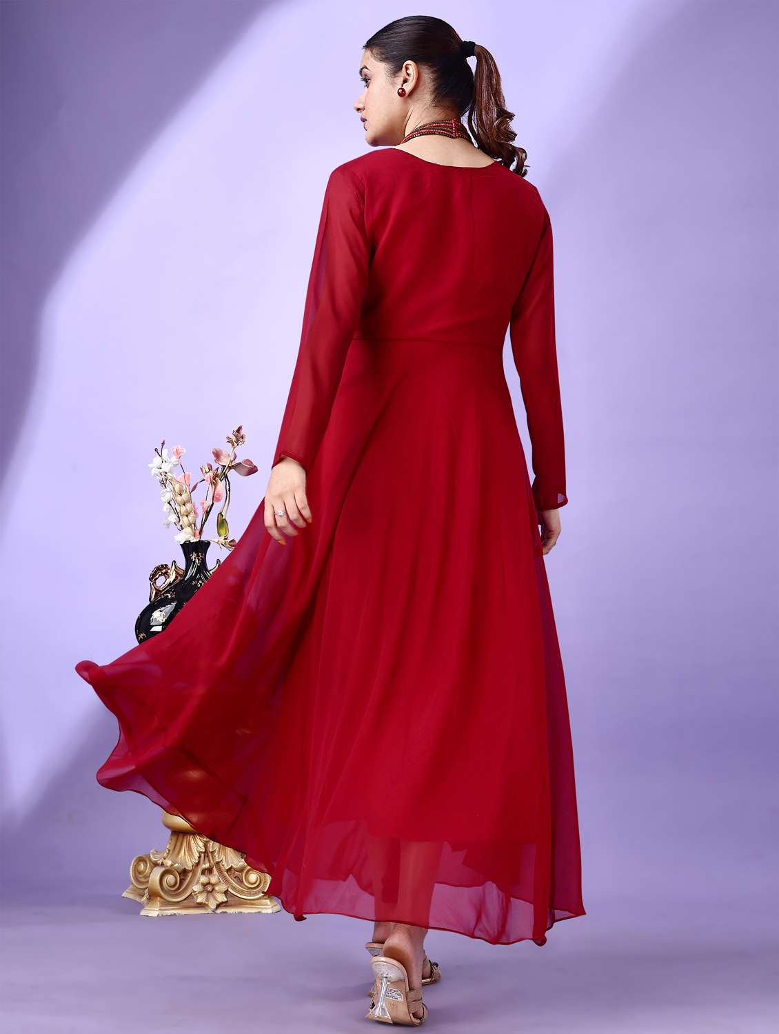 women red solid long sleeve fit & flare maxi dress - 21972236 -  Standard Image - 3
