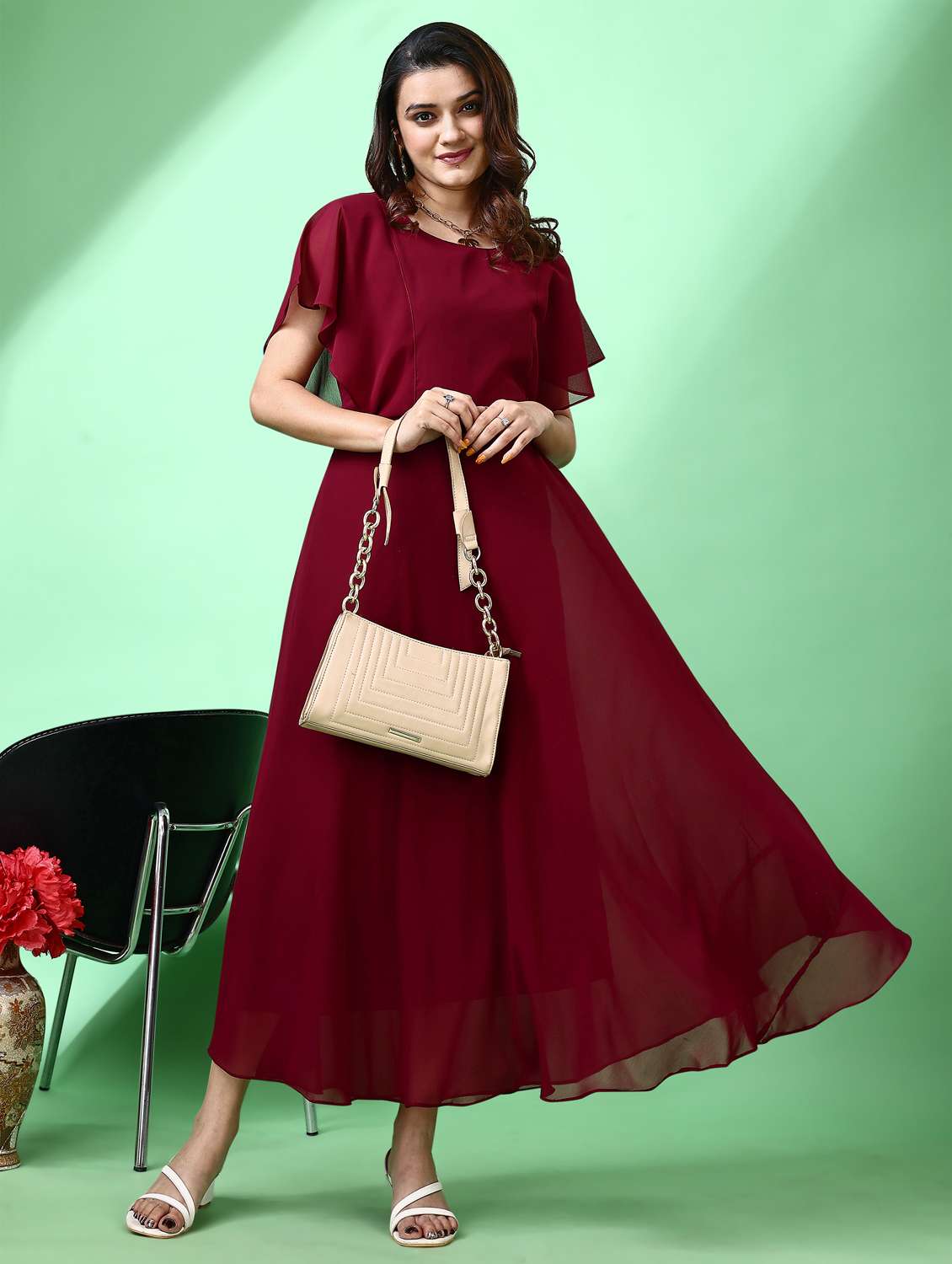 women maroon solid flared sleeve fit & flare dress
