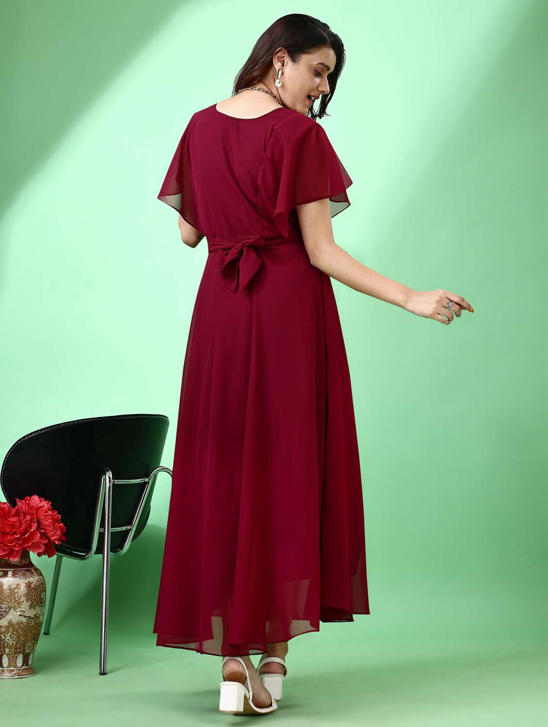 women maroon solid flared sleeve fit & flare dress - 21972240 -  Standard Image - 3